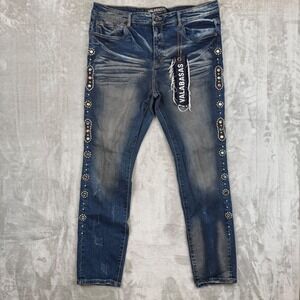 Valabasas Mens Slim Jeans Blue Distressed Rhinestone Studded Size 38